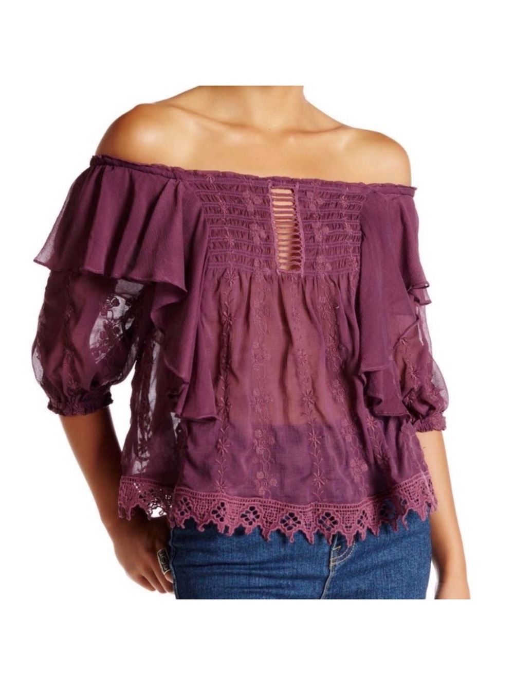 Free People Spirit in the Sky purple smocked ruched of the shoulder embroidery